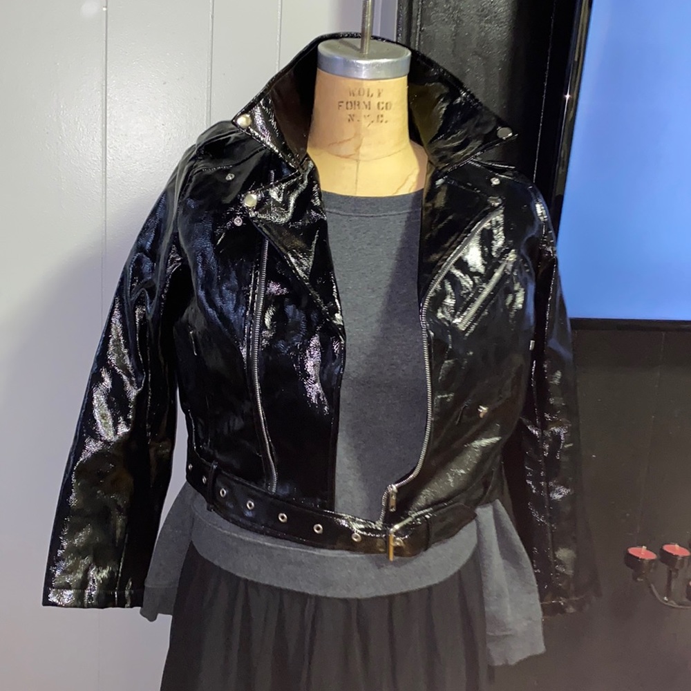 Faux patent leather motorcycle jacket shiny